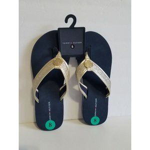 Womens Tommy Hilfiger Flip Flops Gold & Navy 7-10